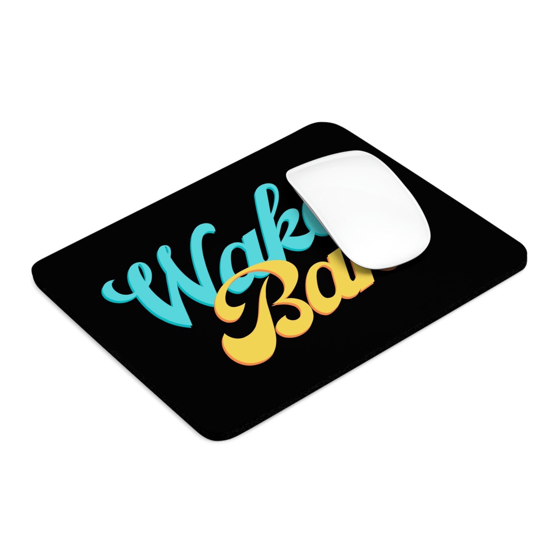 a rectangular black wake and bake mouse pad with a white mouse on top