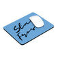 Stay Frosty Blue Mouse Pad with a white mouse resting on top, isolated on a white background.