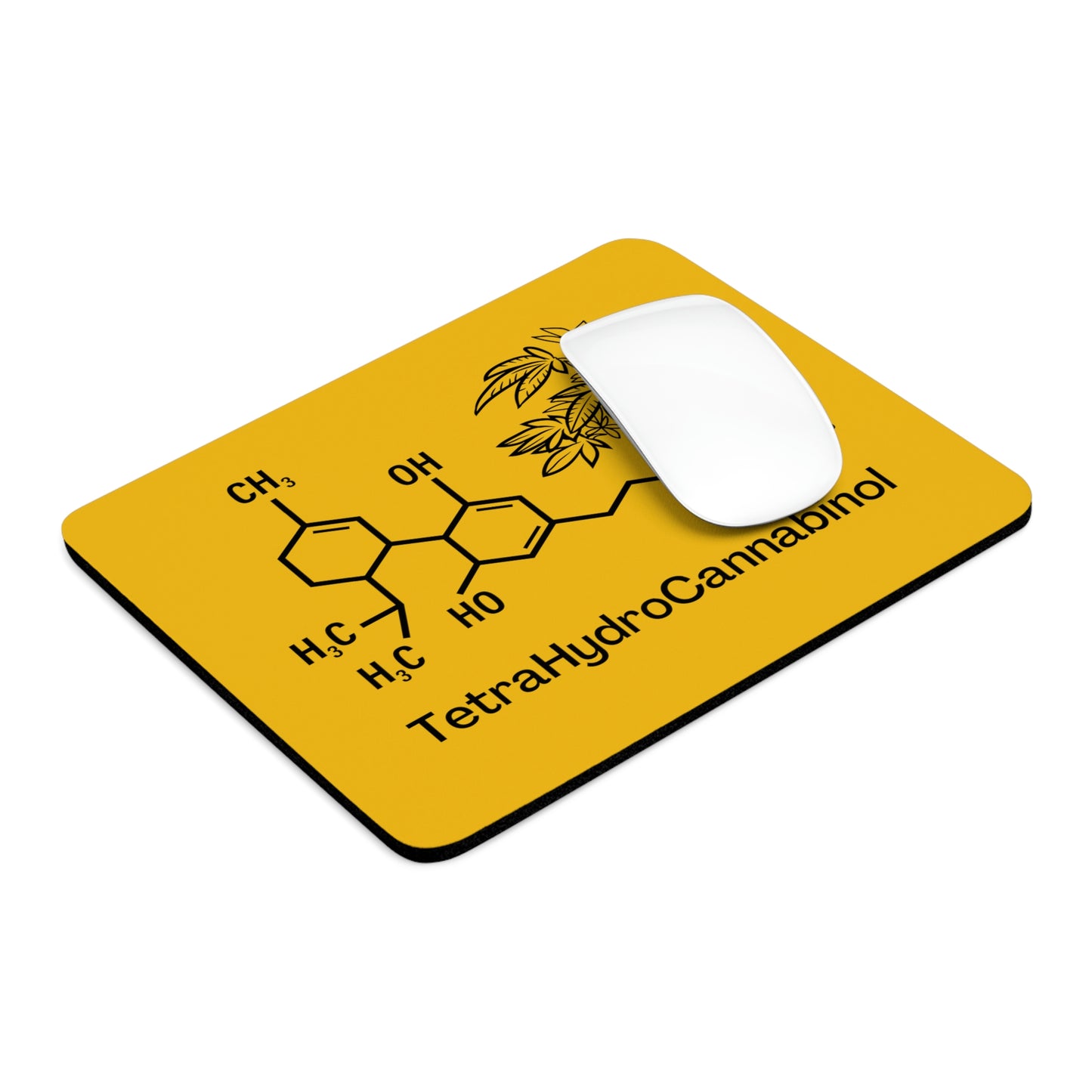 a yellow Tetrahydrocannabinol (THC) Mouse Pad with the word tetrahydrocannabinol on it.
