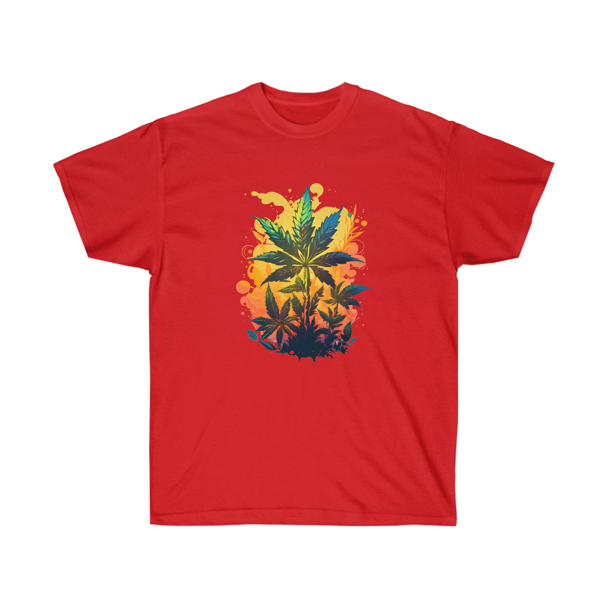A red warm paradise cannabis t-shirt
