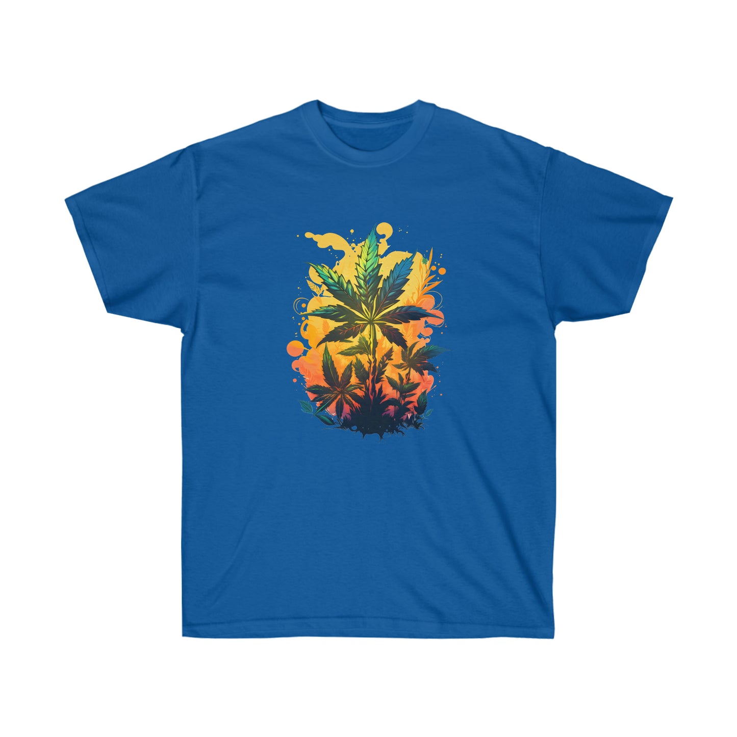 A royal blue, warm paradise cannabis t-shirt