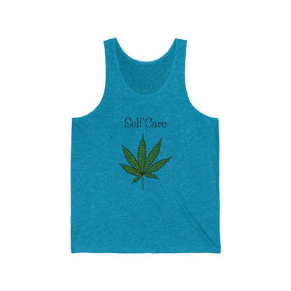 an aqua blue self care weed jersey tank