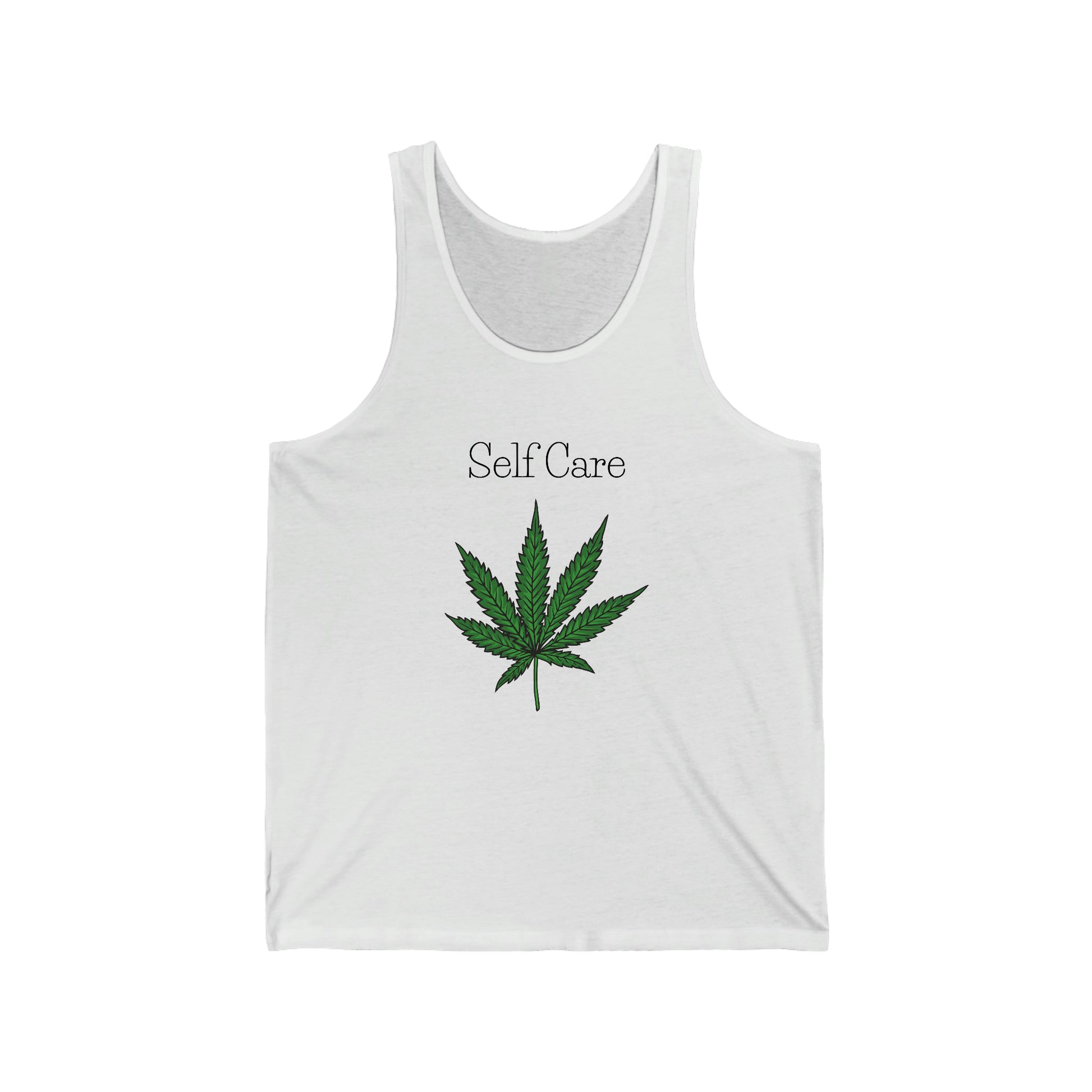 a white self care weed jersey tank top