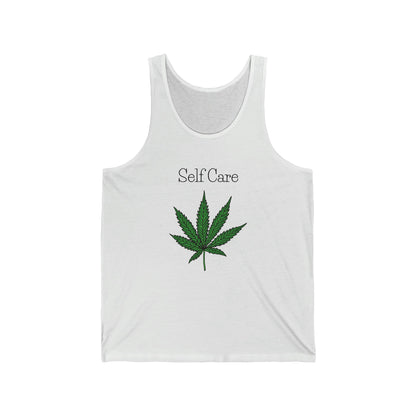 a white self care weed jersey tank top