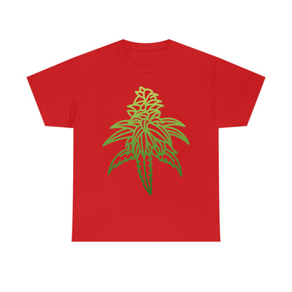 a red Sour Diesel Cannabis Tee with a green marijuana leaf on it.