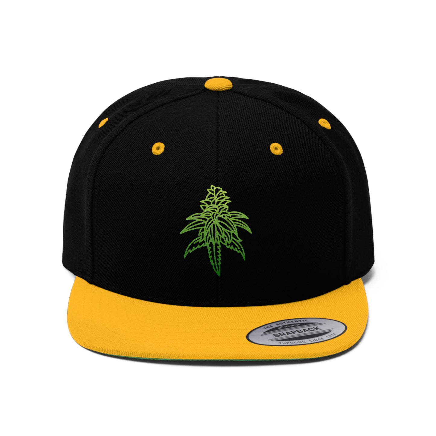 Black and gold Sour Diesel Cannabis Snapback Hat with the picture of sour diesel on the front center