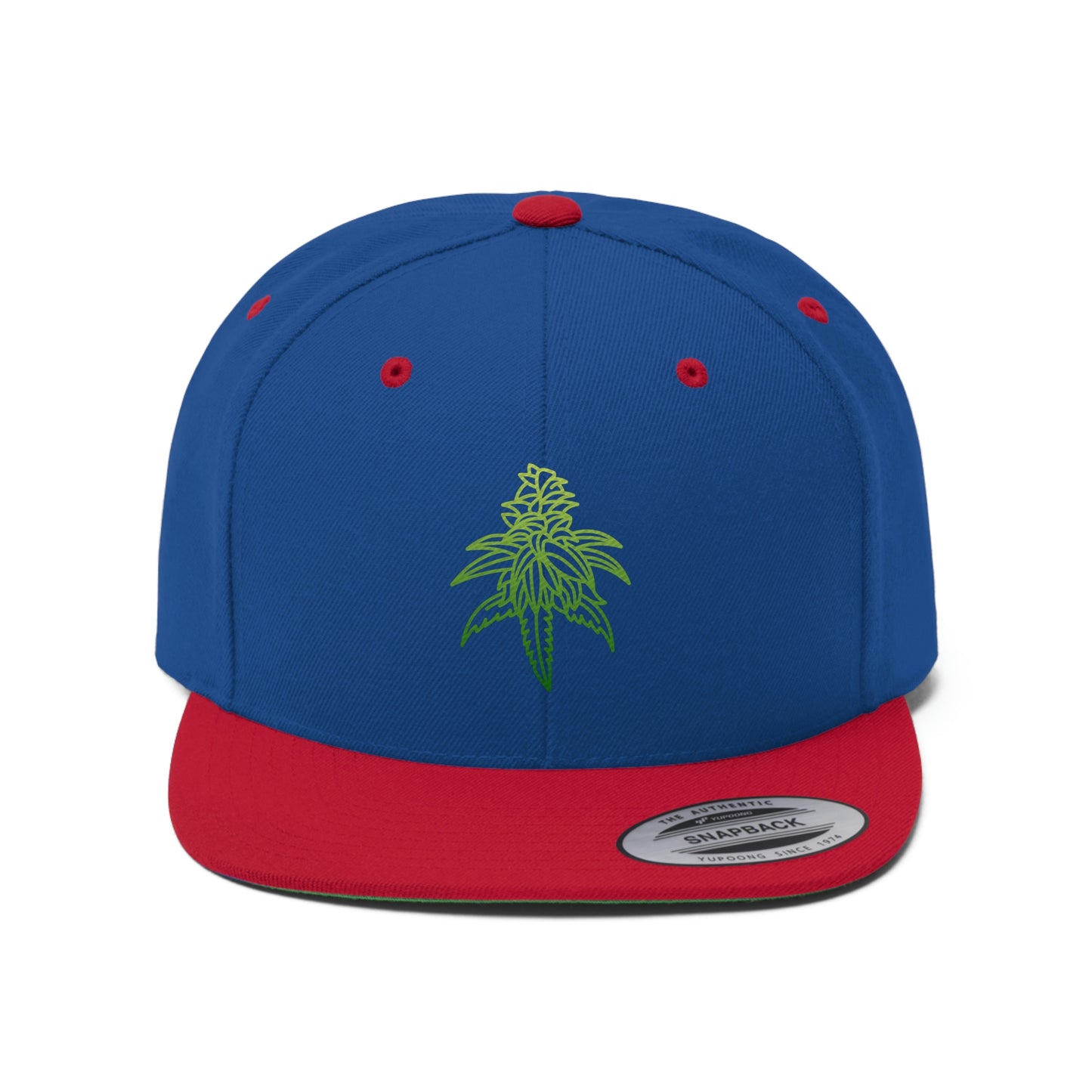 Red and blue Sour Diesel Cannabis Snapback Hat with the picture of sour diesel on the front center