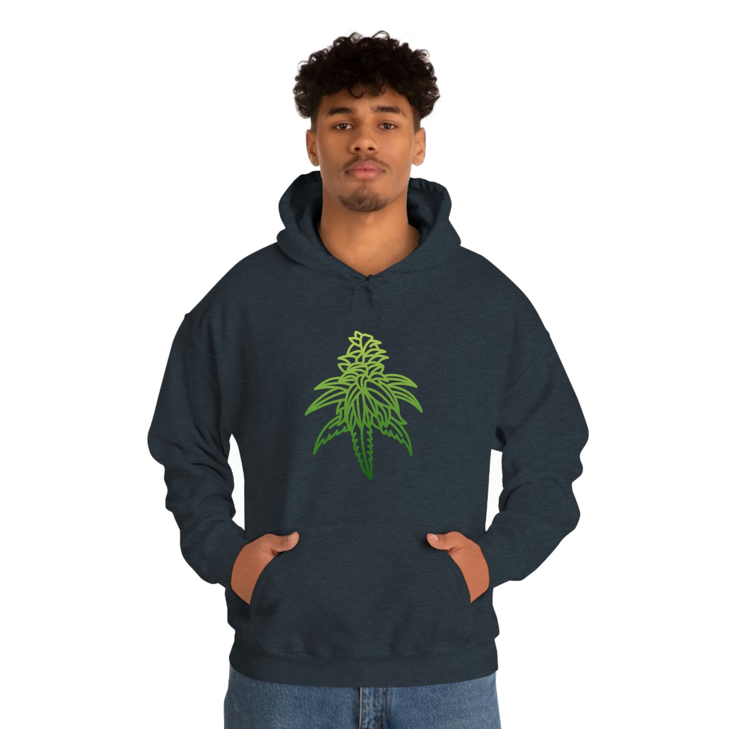 A young man wearing a Heather Navy colored Sour Diesel marijuana hoodie