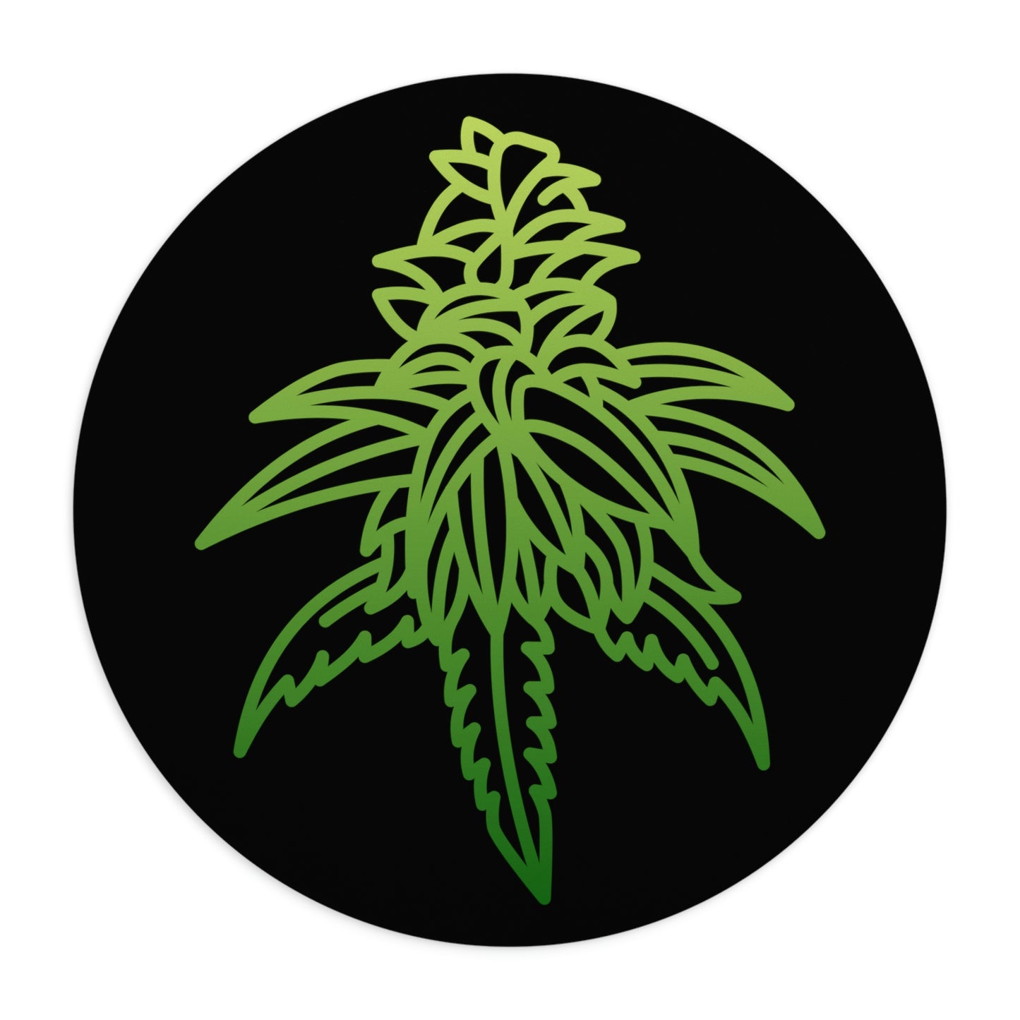 a green Sour Diesel cannabis leaf on a black circle.