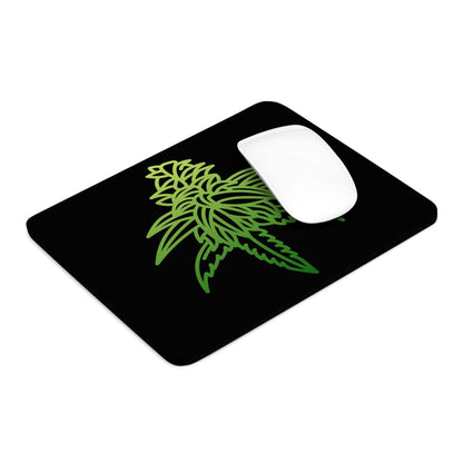 a black Sour Diesel Cannabis Mouse Pad with a green marijuana leaf on it.