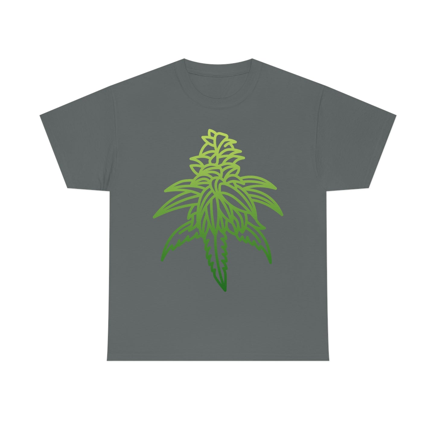 A sour diesel cannabis tee that shows a gradient outline of a cannabis nug going from dark green to lime green.