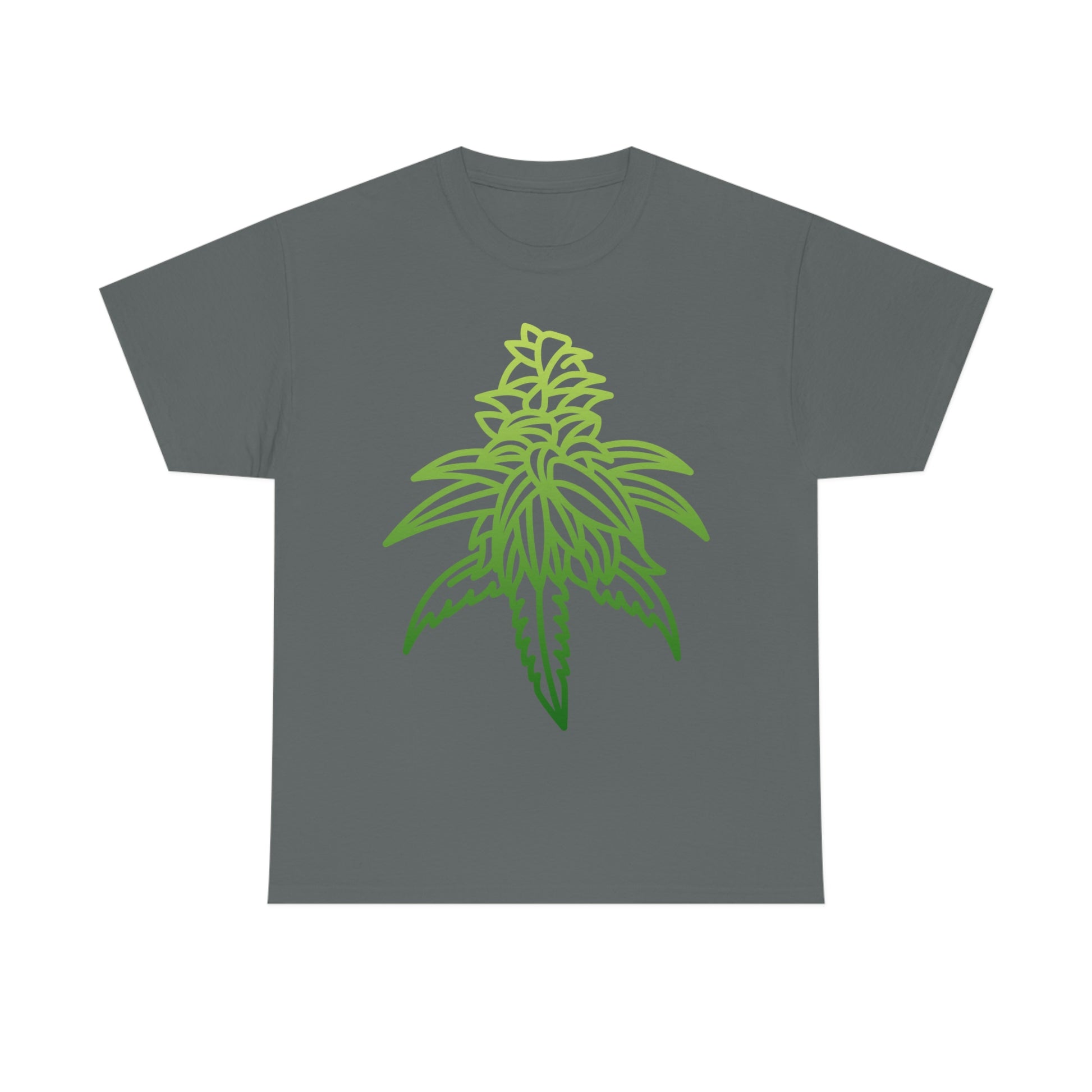 A sour diesel cannabis tee that shows a gradient outline of a cannabis nug going from dark green to lime green.