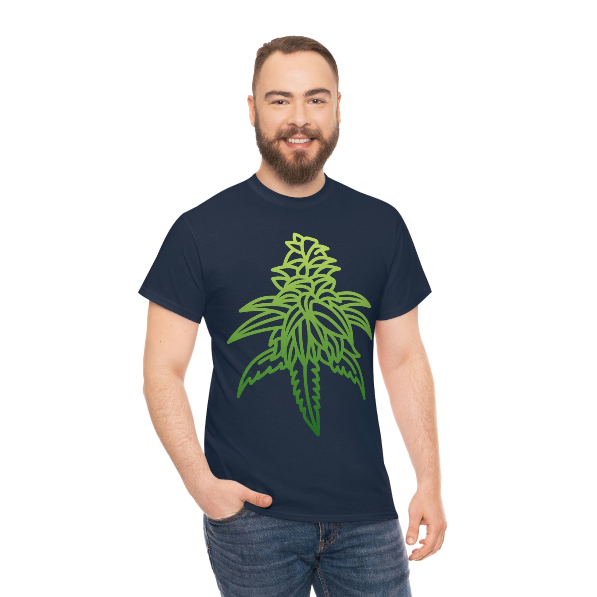 A man wearing a Sour Diesel Cannabis Tee with a marijuana leaf on it.