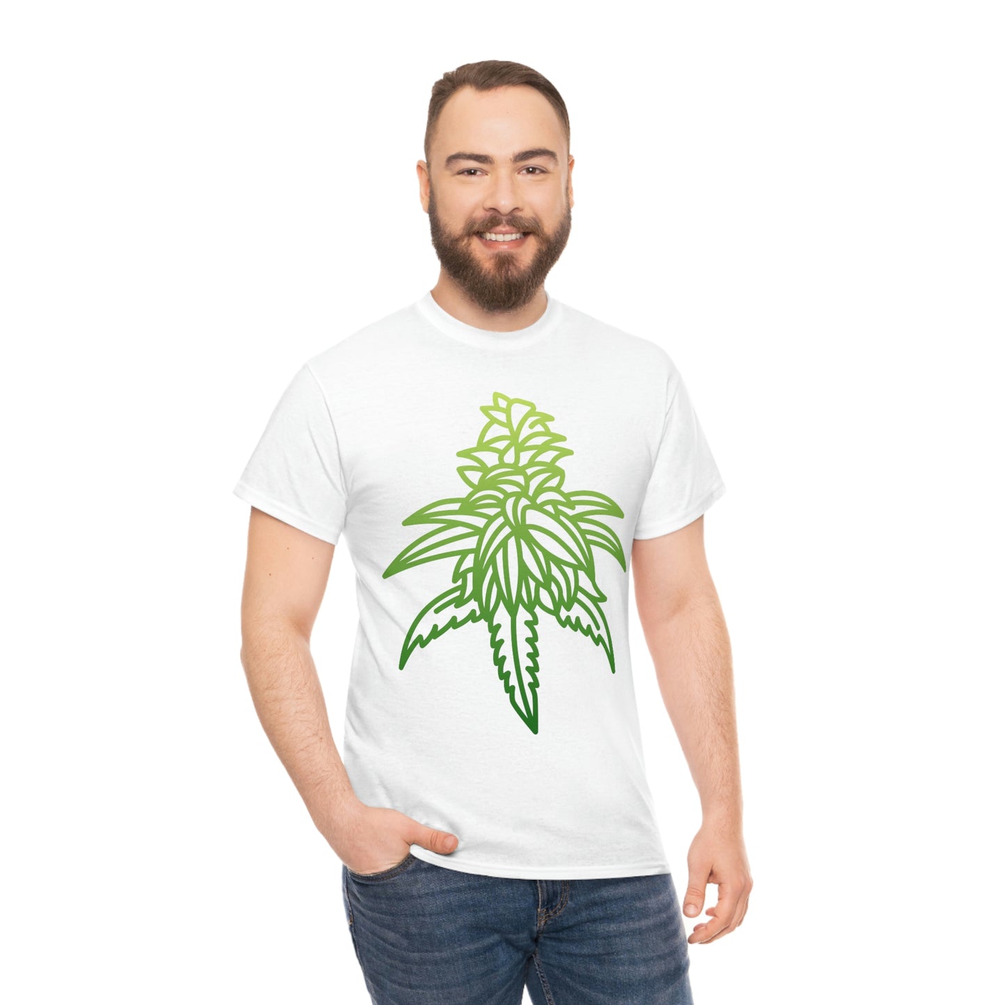 a man wearing a Sour Diesel Cannabis Tee with a green marijuana leaf design.