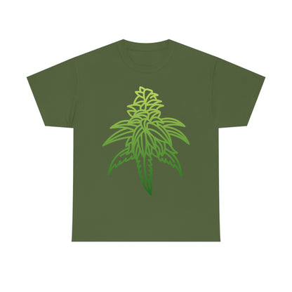 a green marijuana leaf on a Sour Diesel Cannabis Tee.