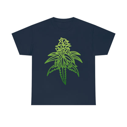 A Sour Diesel Cannabis Tee featuring a green marijuana leaf on a navy t-shirt.