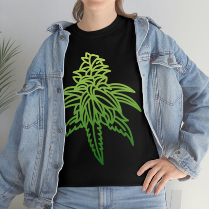 A woman wearing a Sour Diesel Cannabis Tee with a green marijuana leaf on it.