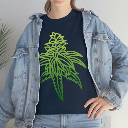 a woman wearing a Sour Diesel Cannabis Tee with a green marijuana leaf on it.