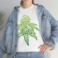 a woman wearing a Sour Diesel Cannabis Tee with a green marijuana leaf on it.