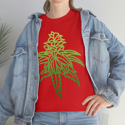 a woman wearing a Sour Diesel Cannabis Tee with a green marijuana leaf on it.