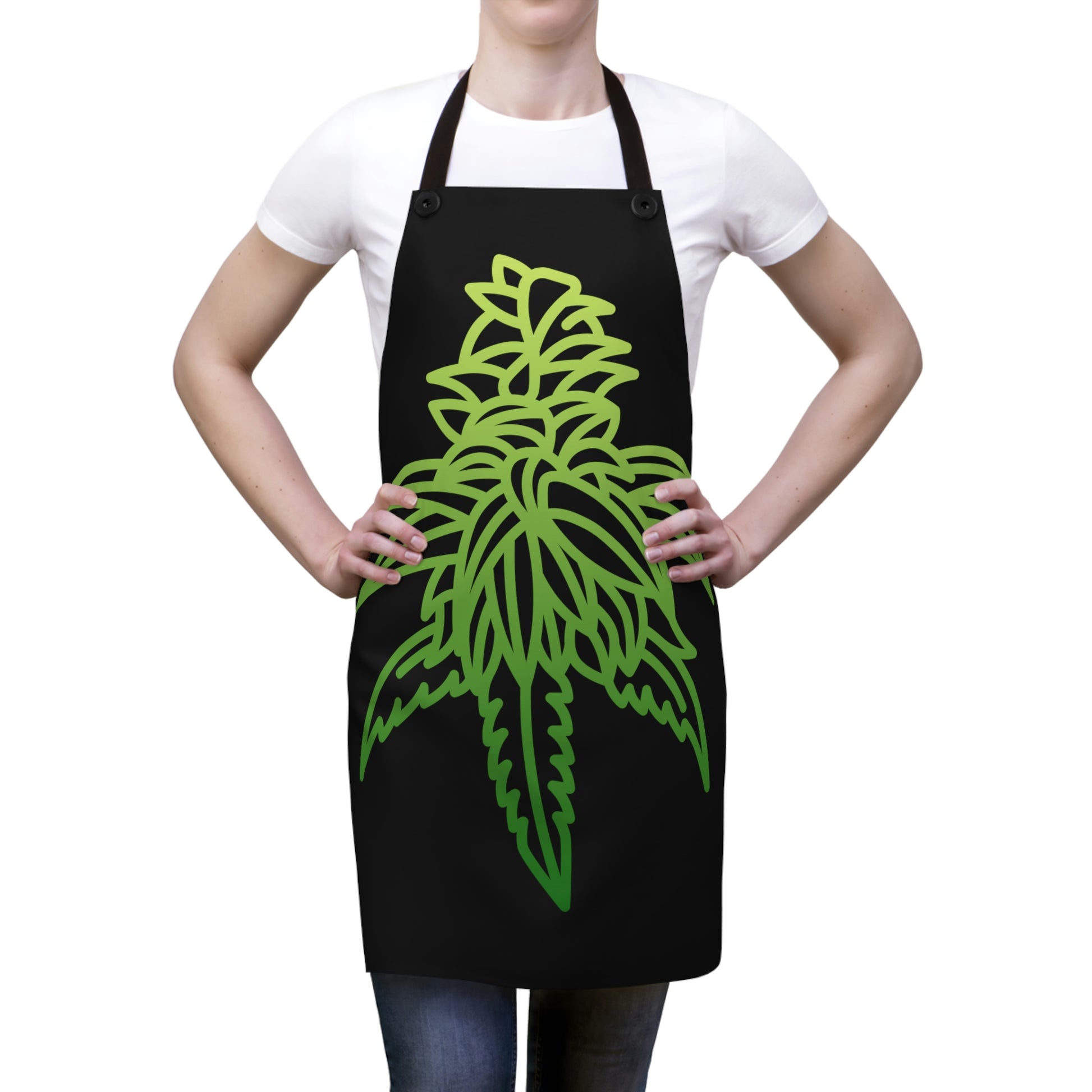 A young woman wears a Sour Diesel Cannabis Chef's Apron 