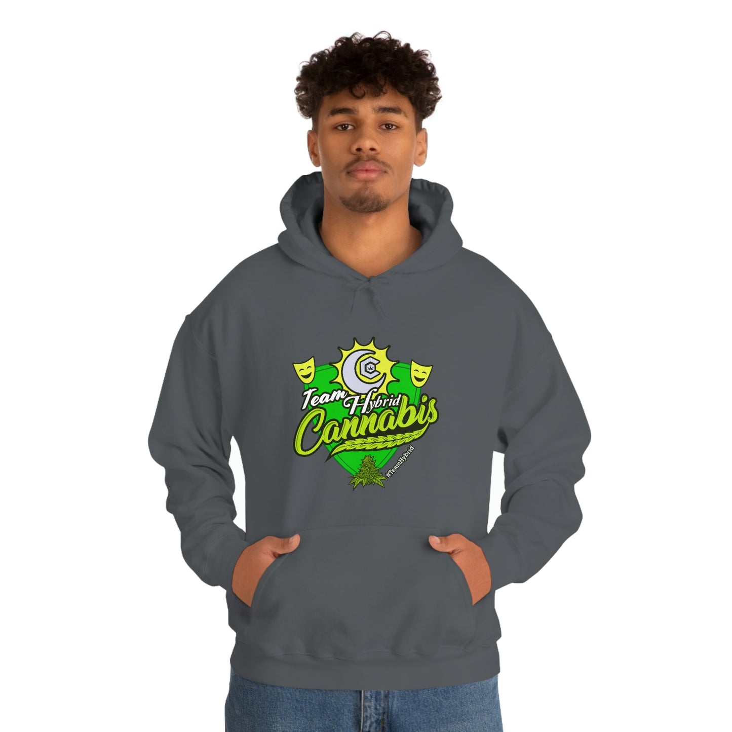 a man wearing a grey Cannabis Pullover Hoodie with the word Team Hybrid on it.