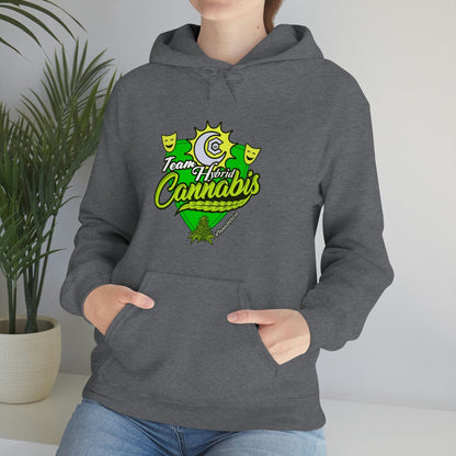 a woman wearing a gray Team Hybrid Cannabis Pullover Hoodie