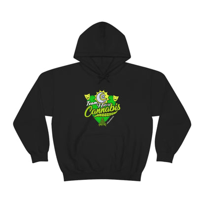 a Team Hybrid Cannabis Pullover Hoodie with a green and yellow logo on it.