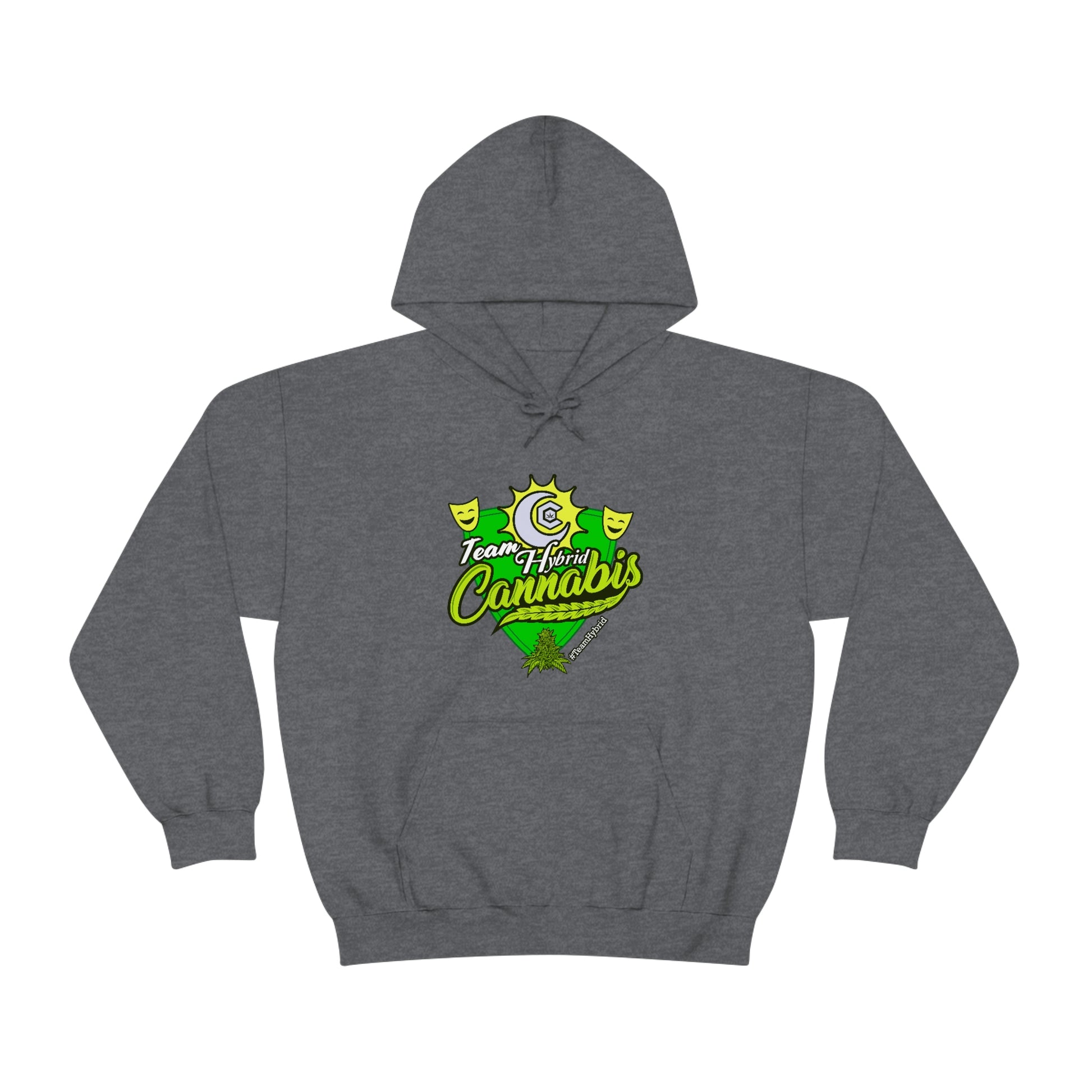 a Team Hybrid Cannabis Pullover Hoodie with a green and yellow design.