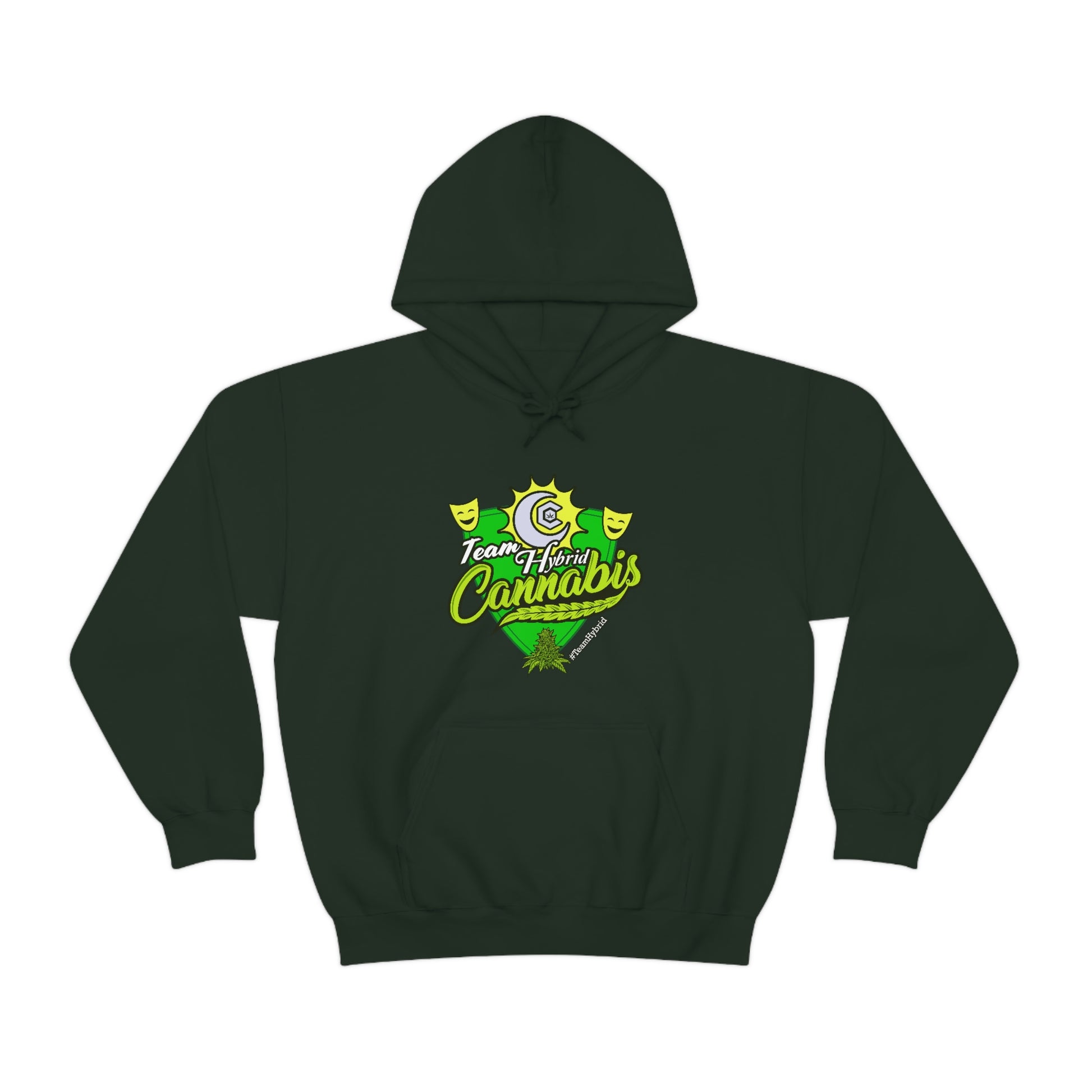 a green hooded sweatshirt with the word 'Team Hybrid Cannabis Pullover Hoodie' on it.