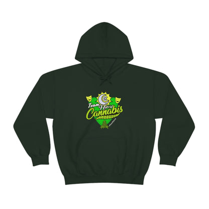 a green hooded sweatshirt with the word 'Team Hybrid Cannabis Pullover Hoodie' on it.