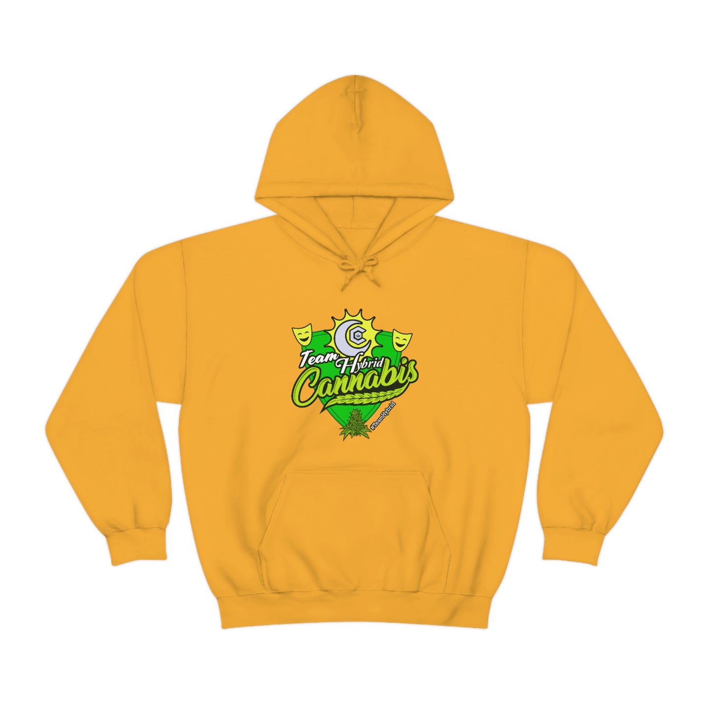 a yellow Team Hybrid Cannabis Pullover Hoodie with a green logo on it.