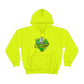 a yellow Team Hybrid Cannabis Pullover Hoodie with a green logo on it.