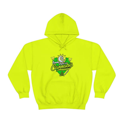 a yellow Team Hybrid Cannabis Pullover Hoodie with a green logo on it.