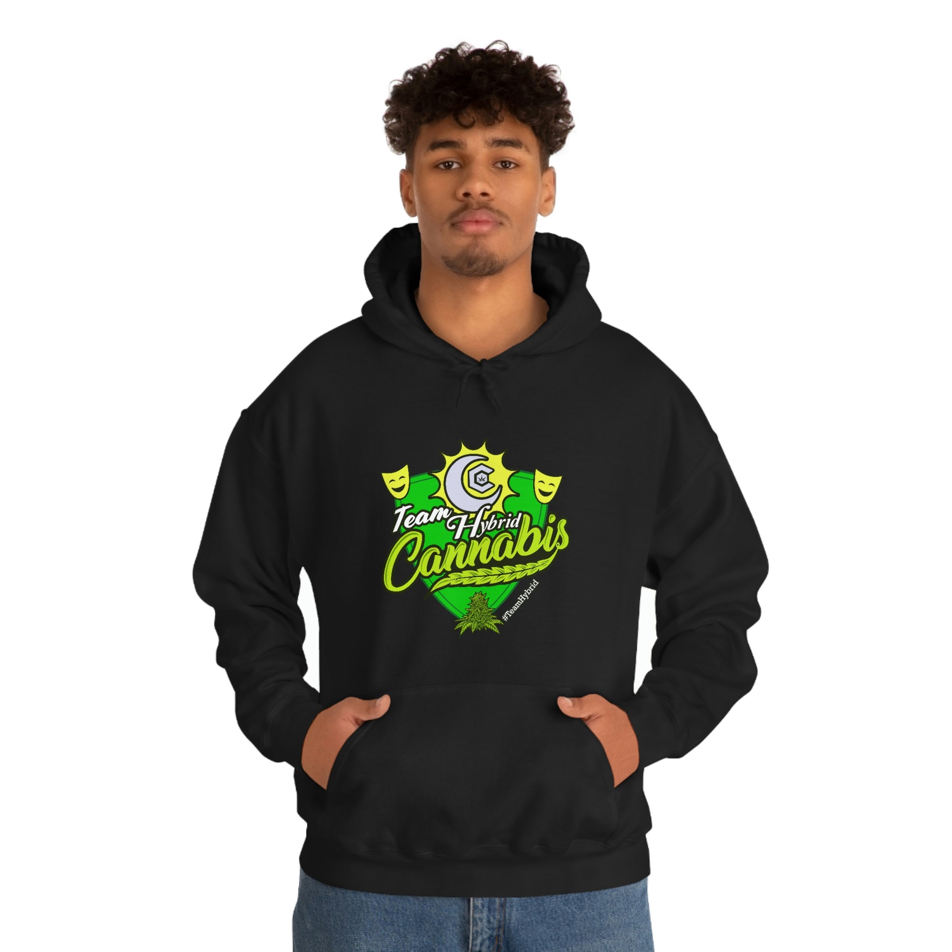 a man wearing a Team Hybrid Cannabis Pullover Hoodie with the words,'contains'on it.
