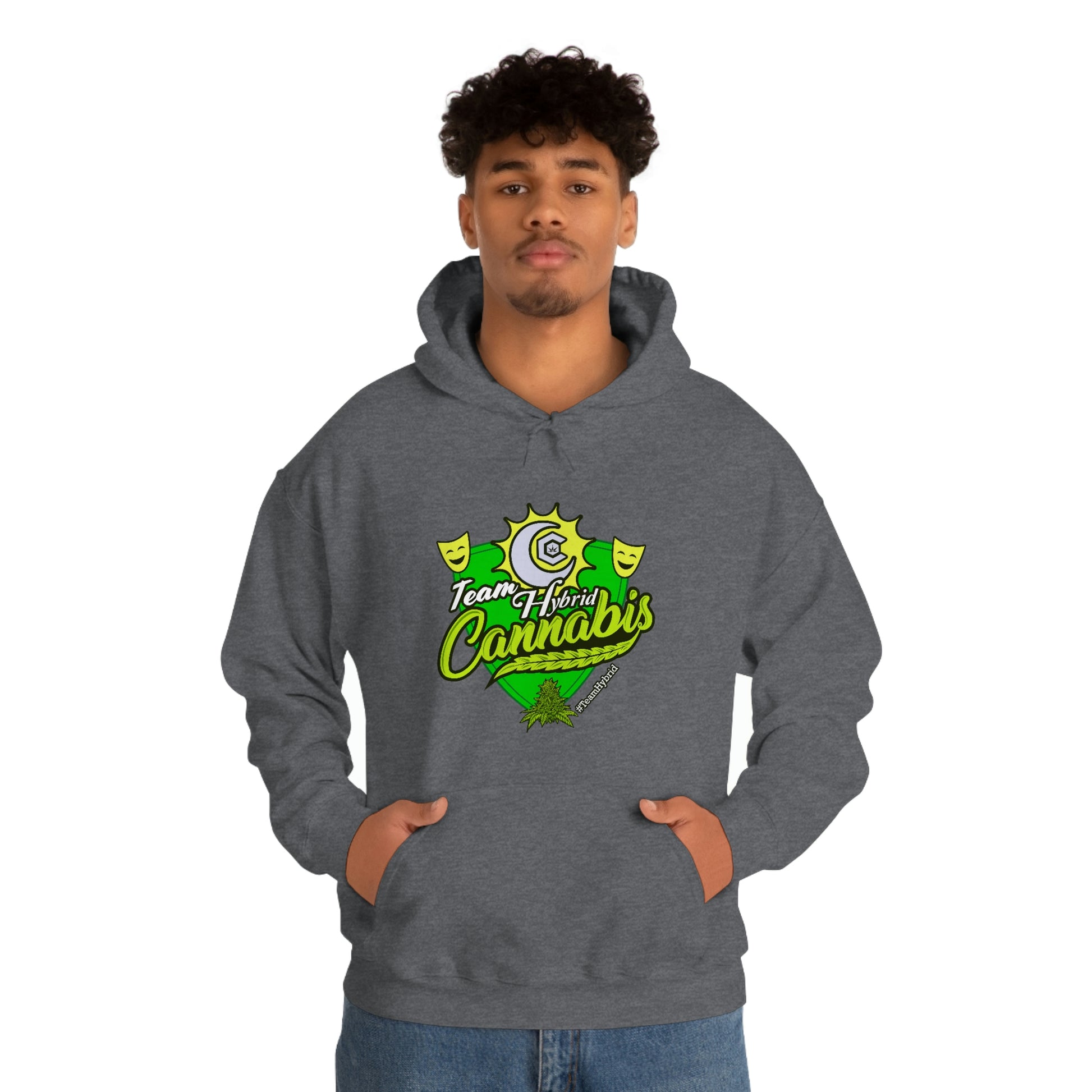 a man wearing a grey Team Hybrid Cannabis Pullover Hoodie with the word connoisseurs on it.