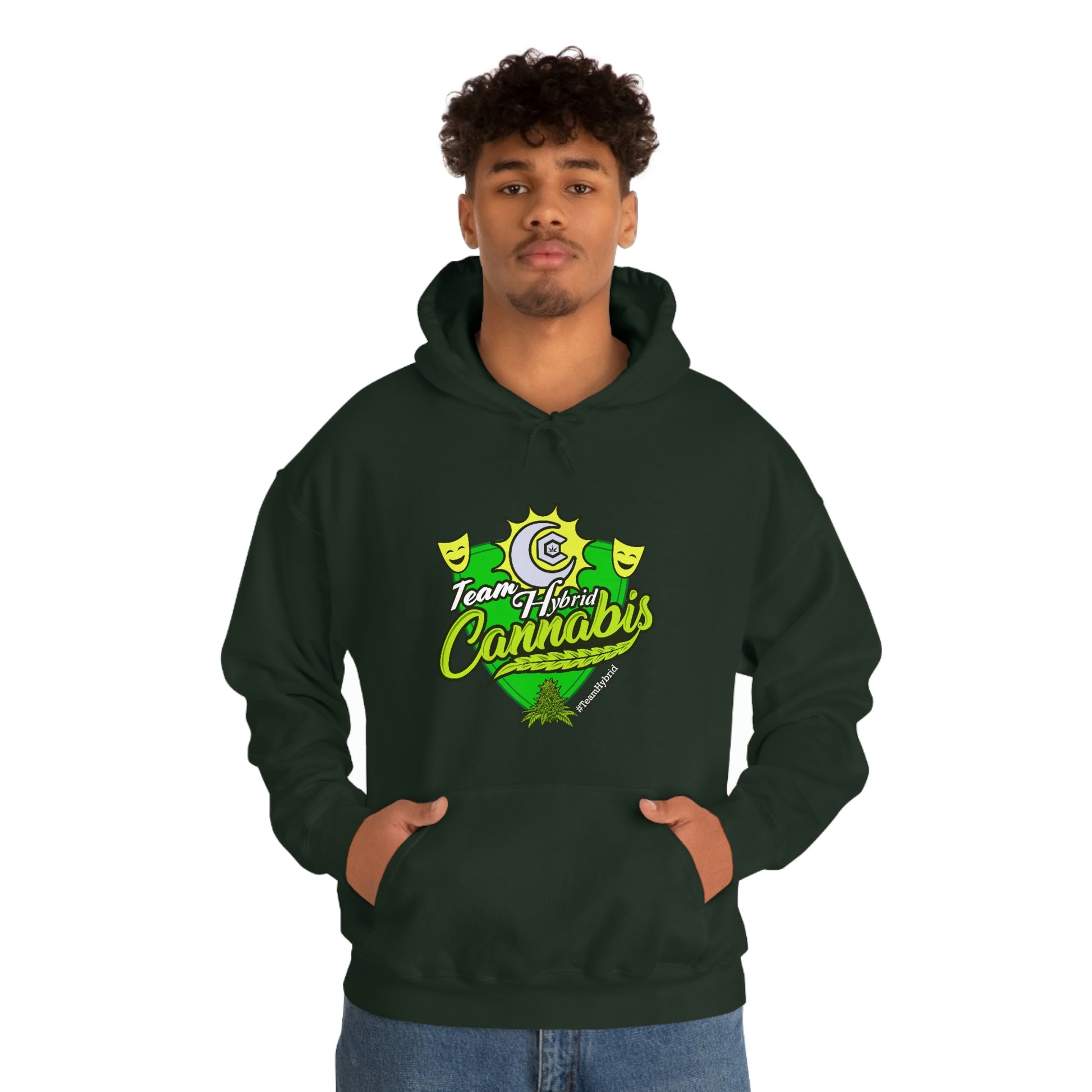 a man wearing a green Team Hybrid Cannabis Pullover Hoodie with the word 'contains' on it.