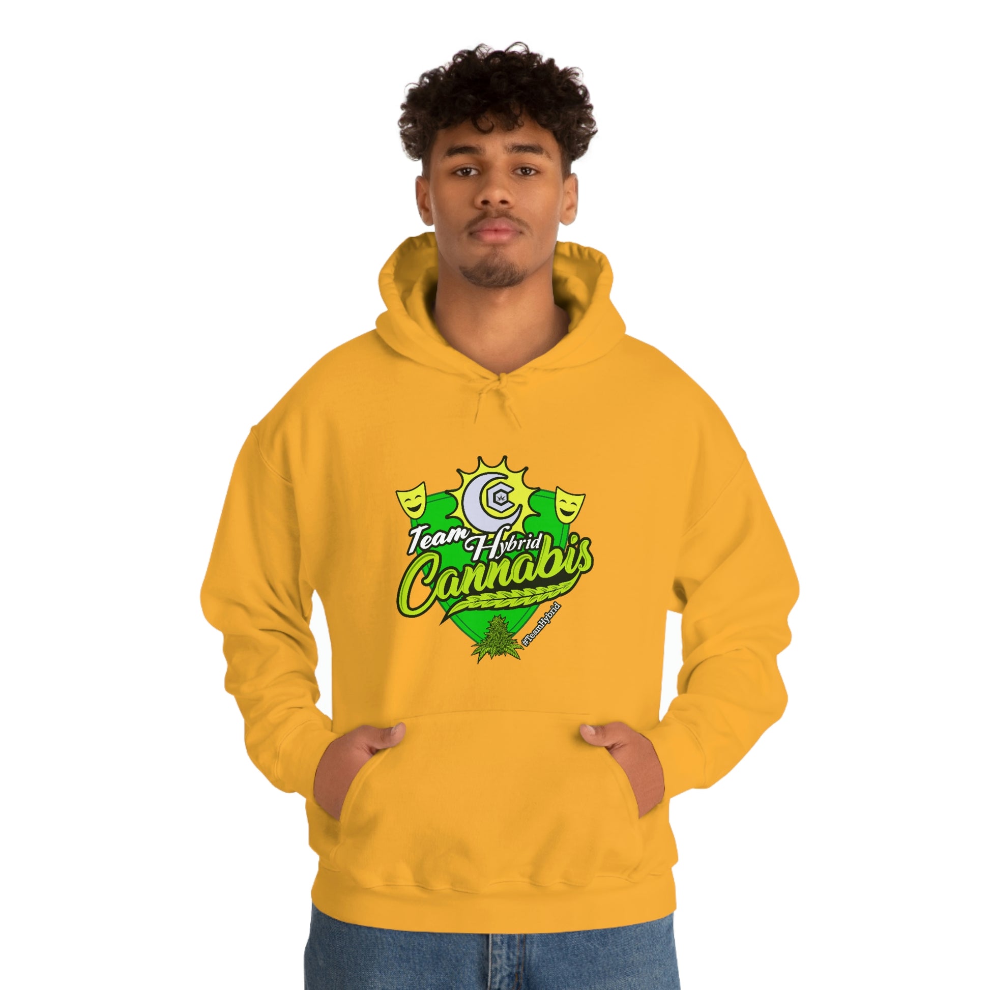 a man wearing a yellow Team Hybrid Cannabis Pullover Hoodie with the word coronas on it.