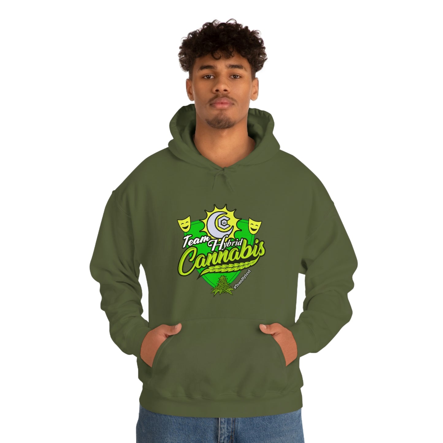a man wearing a green hooded sweatshirt with the word Team Hybrid Cannabis Pullover Hoodie on it.