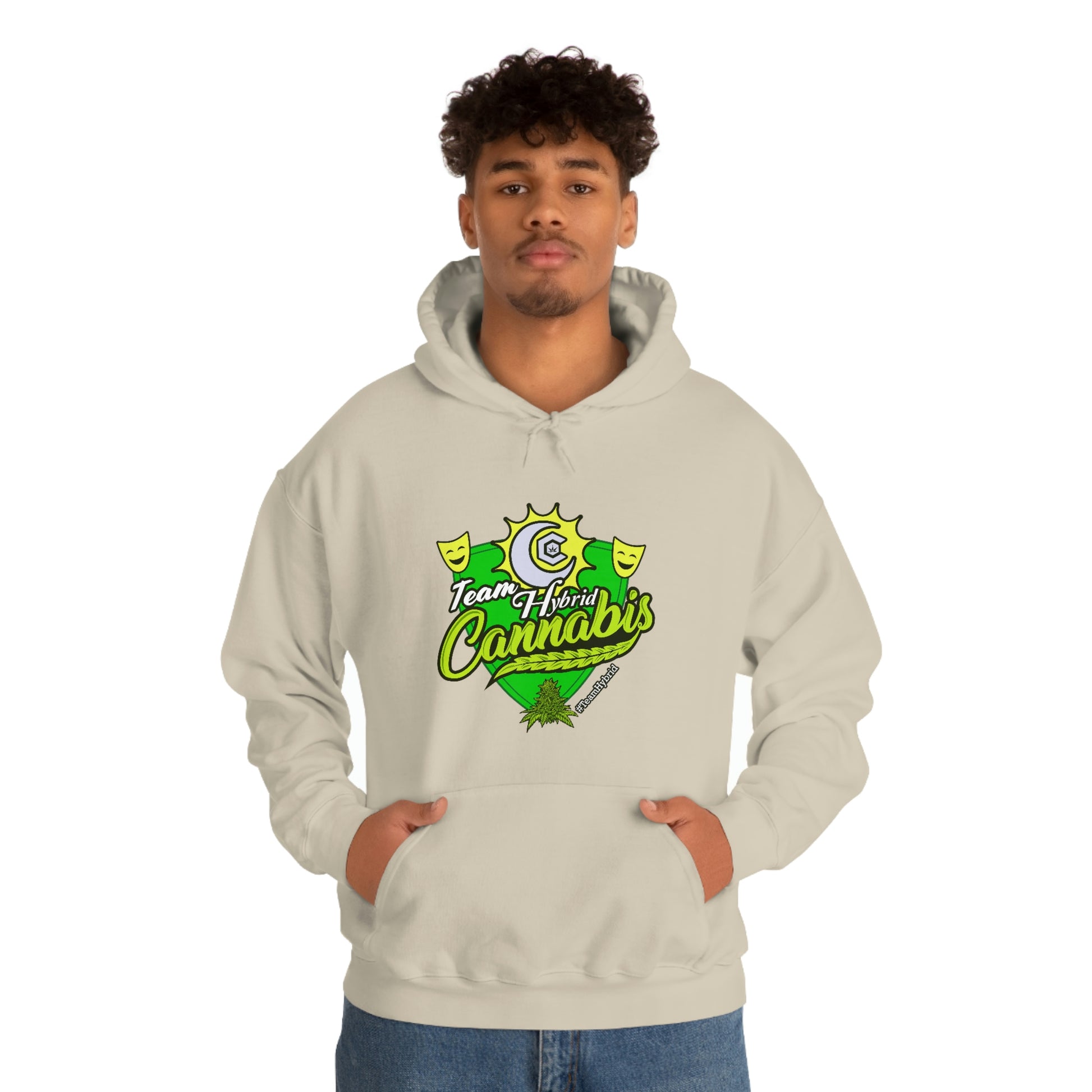 a man wearing a Team Hybrid Cannabis Pullover Hoodie with the word cactus on it.