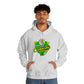 a man wearing a Team Hybrid Cannabis Pullover Hoodie with green and yellow lettering.