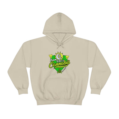 a Team Hybrid Cannabis Pullover Hoodie with a green and yellow logo on it.