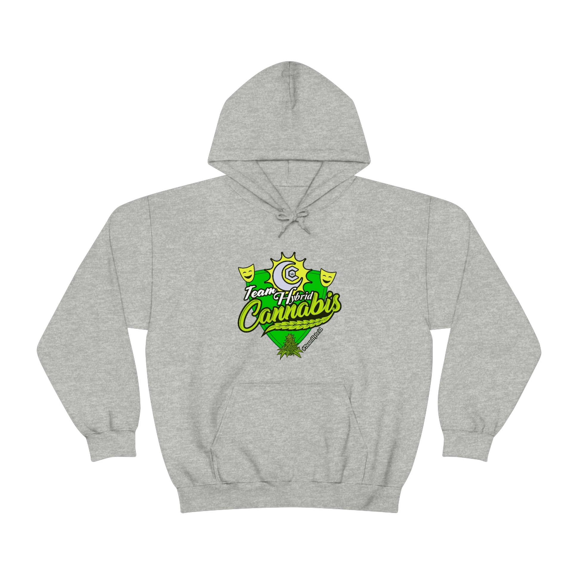 a Team Hybrid Cannabis Pullover Hoodie with a green and yellow logo on it.