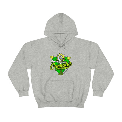 a Team Hybrid Cannabis Pullover Hoodie with a green and yellow logo on it.