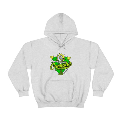 a Team Hybrid Cannabis Pullover Hoodie with a green and yellow logo on it.