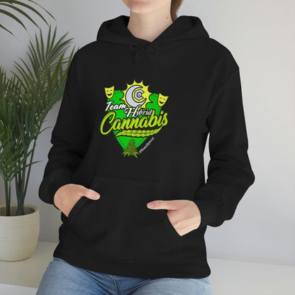 a woman wearing a black Team Hybrid Cannabis Pullover Hoodie with the word cannabis on it.