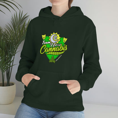 a woman wearing a Team Hybrid Cannabis Pullover Hoodie.