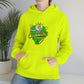A woman wearing a neon yellow hoodie with the word Team Hybrid Cannabis Pullover Hoodie on it.