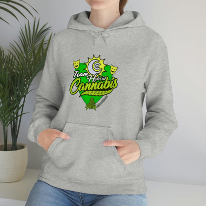 a woman wearing a grey Team Hybrid Cannabis Pullover Hoodie.