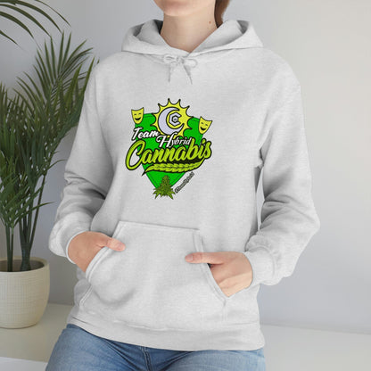 a woman wearing a Team Hybrid Cannabis Pullover Hoodie.